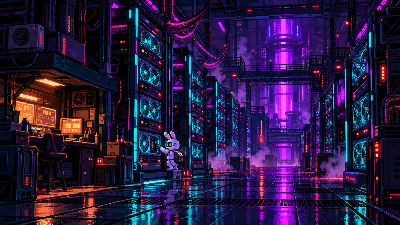 Pixel-art Reactor Hall: aisles of cyan GPU racks, a warm repair desk and the robot rabbit servicing a sled