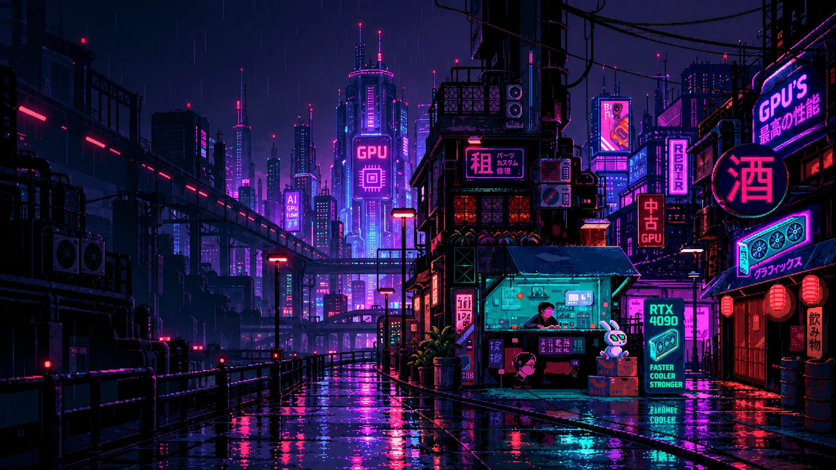Pixel-art panorama of a rainy neon GPU night market: teal repair stall, GPU billboards, lanterns and a small white robot rabbit