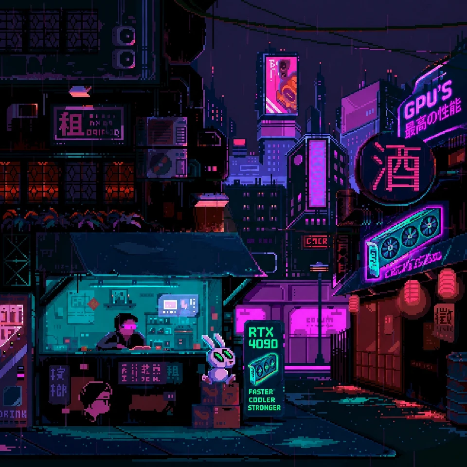Pixel-art storefront detail: the original teal GPU repair stall in the rainy night market