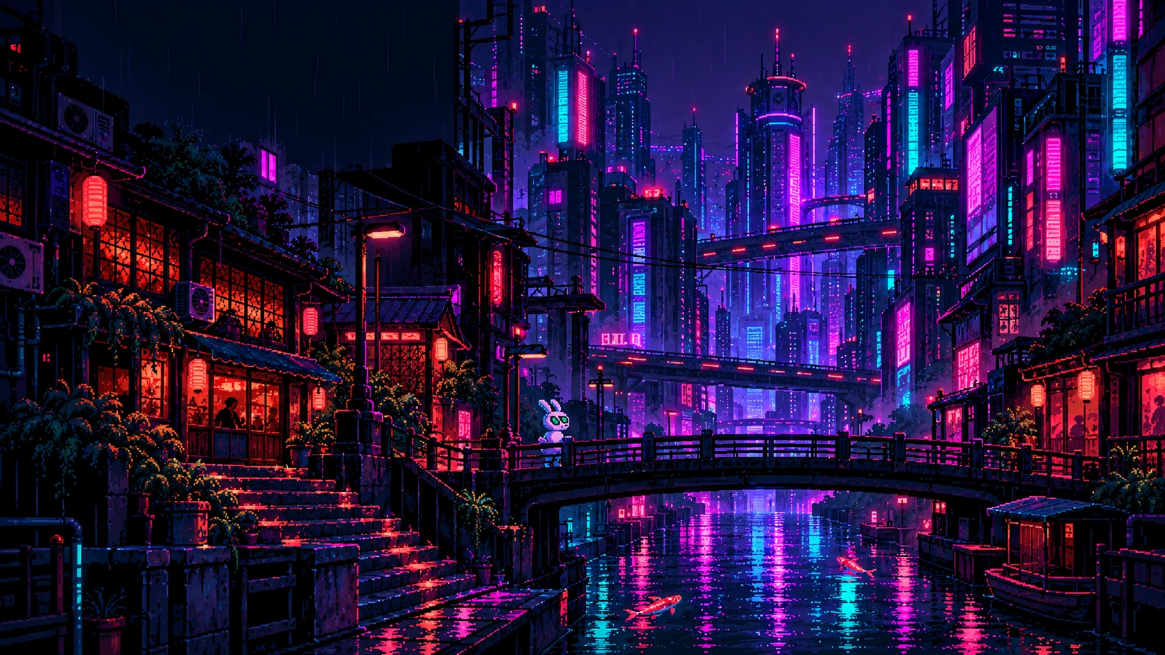 Pixel-art Liquidity Canal: neon reflections under a bridge where the robot rabbit stands